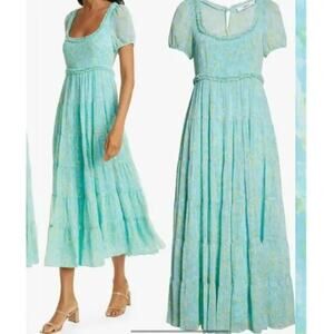 Likely Chloe Midi Dress Blue Multi Puff Sleeve Chiffon Tiered 0